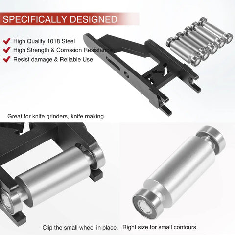 2x72 Small Wheel Holder Set With 5 Diameters For Knife Making, showing rollers and steel holder in black, designed for sanders