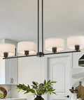 Rectangular Farmhouse Wood Pendant Light With 4 Light Industrial Chandelier for kitchens with white and black accents.