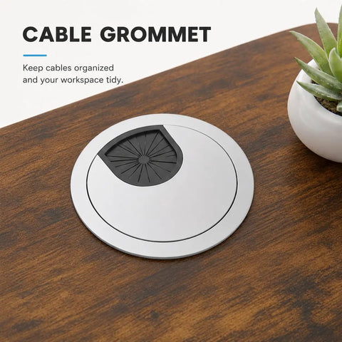 Cable grommet on a wooden desk surface, ensuring neat cable management for the 63 By 30 Inch Heavy Duty Dual Motor Electric Standing Desk.