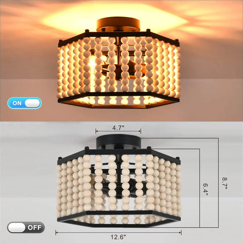 Boho Wood Bead Ceiling Light Fixture With E26 Base Semi Flush Mount Chandelier Two Lights, illuminated with dimensions.