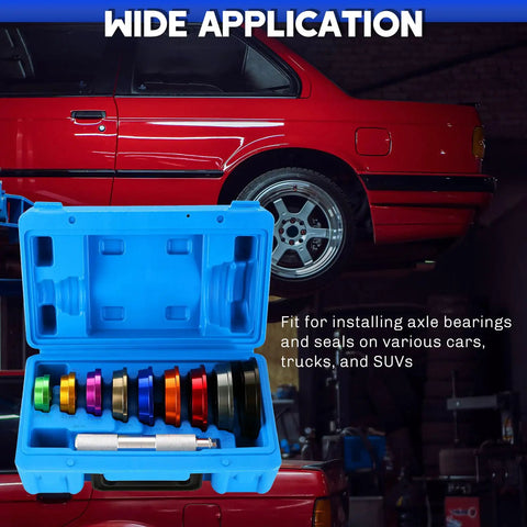 10 Piece Bearing Press Kit For Races And Seals With Driver Handle And 9 Discs in blue carrying case, shown with car backdrop.