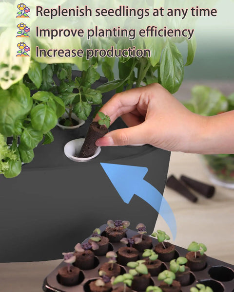 Hand inserting pod into hydroponic growing system kit with 16 pods no fuss smart herb garden with sprout mode 24W LED black