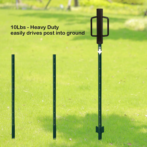 Beefy Heavy Duty Fence Post Driver With Two Handles Steel Head 16.8 Inch T Post Rammer Brown Post Pounder in action on a field.