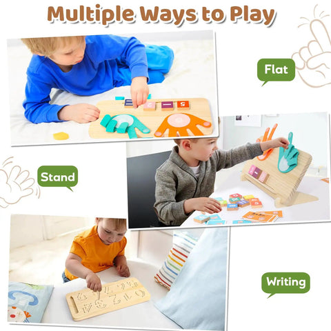 Straight Up Toddler Math Learning Kit With Solid Wooden Number Blocks, Double Sided Flashcards And Number Tracing Board For Ages Two To Five in use during different play styles.