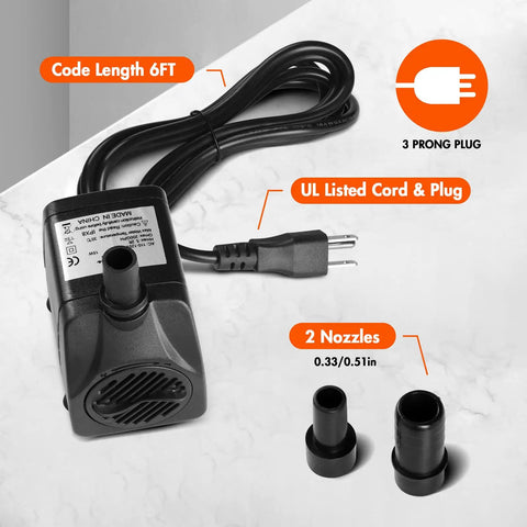 Powerful Workhorse Submersible Water Pump With Adjustable Intake, 15W Motor, two nozzles, UL listed cord, for aquariums and ponds