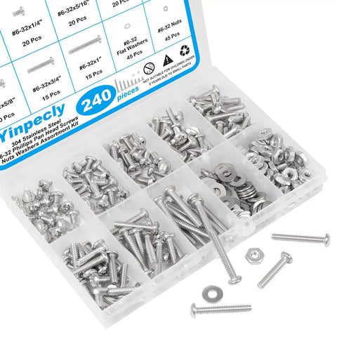 240 Piece Stainless Steel Phillips Pan Head Machine Screws Nuts And Washers Set in clear storage box