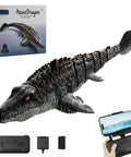2.4G Mosasaurus RC Toy With HD Camera And App Control, waterproof pool dino boat set, showing toy, controller, and packaging