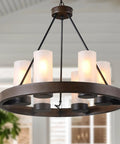 Farmhouse Wagon Wheel Six Light Chandelier With Frosted Seeded Glass Shades Rustic Hanging Light Fixture For Dining Room