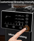 Compact Automatic Coffee Maker With Built In Grinder control panel showing grind options and brewing settings for customized coffee.