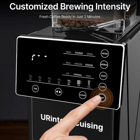 Compact Automatic Coffee Maker With Built In Grinder control panel showing grind options and brewing settings for customized coffee.