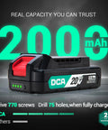 20V Cordless Hammer Drill Kit battery showing 2000mAh capacity with DCA branding and 2-year warranty