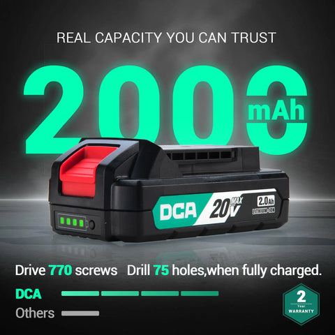 20V Cordless Hammer Drill Kit battery showing 2000mAh capacity with DCA branding and 2-year warranty