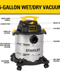 Pro Grade 6 Gallon Wet Dry Vacuum With 4 Peak HP Motor And Stainless Steel Tank in silver and yellow, front view labeled features