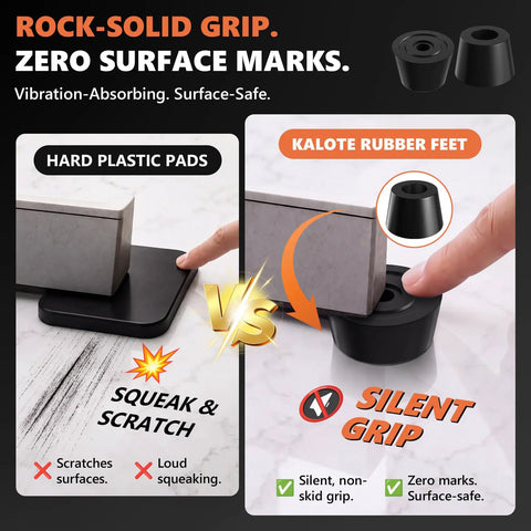 Comparison of hard plastic pads causing scratches vs 150 Piece Cutting Board Rubber Feet Kit With Stainless M4x16 Screws for silent grip.