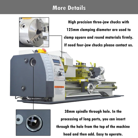 High precision three-jaw chuck and spindle details on the 8X16 Mini Metal Lathe for custom parts, 1100W Benchtop Mill.