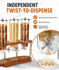 Triple Cereal Dispenser Countertop Stand With Independent Twist Knobs Moisture Sealed Clear Canisters For Oats Granola Rice Nuts And Coffee Beans, showcasing three clear canisters with colorful contents.