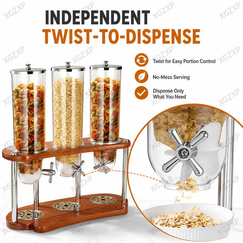 Triple Cereal Dispenser Countertop Stand With Independent Twist Knobs Moisture Sealed Clear Canisters For Oats Granola Rice Nuts And Coffee Beans, showcasing three clear canisters with colorful contents.