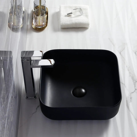 Square Vessel Bathroom Sink 15 By 15 Inches Black Ceramic Vanity Basin With Pop Up Drain Above Counter Modern Vessel Sink For A Sleek Contemporary Bathroom Upgrade