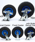 Heavy Duty Swivel And Fixed Plate Caster Set With Smooth Roll Pneumatic Rubber Wheels For Toolboxes And Utility Carts Featuring Double Ball Bearings And Real Deal Eight Hundred Pound Capacity, showing 8 inch and 10 inch wheels.
