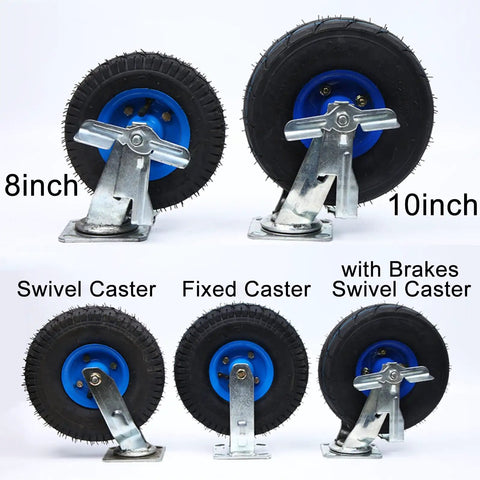 Heavy Duty Swivel And Fixed Plate Caster Set With Smooth Roll Pneumatic Rubber Wheels For Toolboxes And Utility Carts Featuring Double Ball Bearings And Real Deal Eight Hundred Pound Capacity, showing 8 inch and 10 inch wheels.