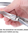 Hand holding 4 Piece 8 Inch Adjustable 304 Stainless Steel Duct Hose Clamps Worm Gear Clamps For Pipe Intercooler Plumbing Tube Fuel Line