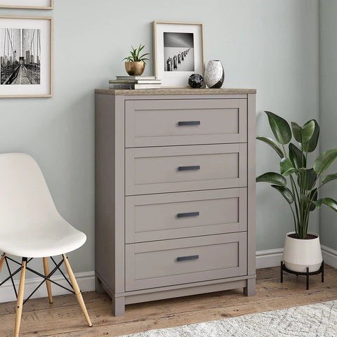 Gray dresser featuring 6 Inch Black Matte Cabinet Handles Set For Kitchen Cabinets And Drawers Durable Zinc Alloy Pulls installed on each drawer.