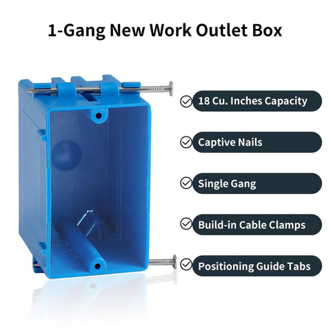 10 Pack Single Gang New Work Electrical Boxes Blue PVC 18 Cu In 1 Gang Switch Outlet Box For Residential And Commercial Jobs Easy Install Durable Nail In Wall Box Pro Grade Heavy Duty