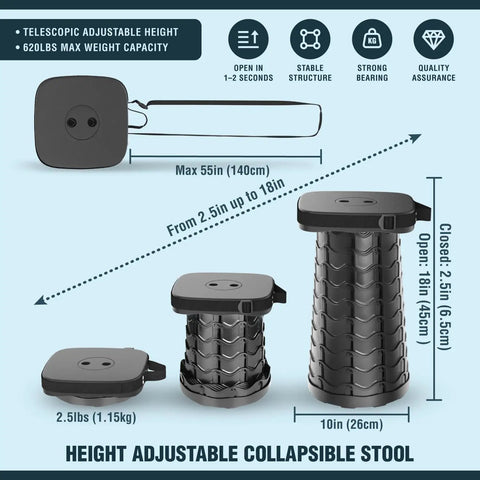 Diagram of Square Upgraded Dope Collapsible Stool With 3 In 1 Cushioned Carry Bag showing 2.5 to 18 inch adjustable sizes