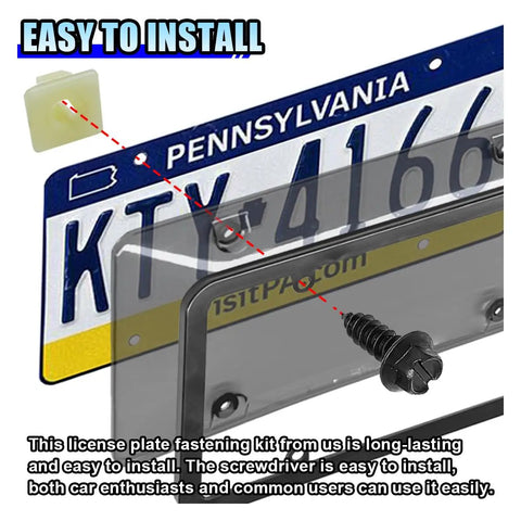 Heavy Duty Stainless Steel License Plate Screw Kit with self tapping bolts securing car plate frame and nylon insert
