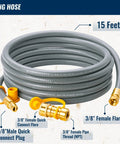 CALPOSE 15 ft natural gas grill hose with 3/8 inch quick-connect fittings; gray rubber hose with brass connectors