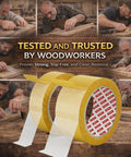 Pro-Grade Double-Sided Woodworking Tape With Removable Adhesive, two rolls, 1 or 2 inch wide, 33 feet long, demonstrated by woodworkers