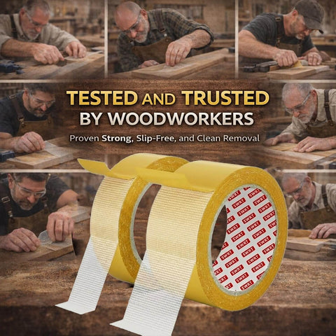 Pro-Grade Double-Sided Woodworking Tape With Removable Adhesive, two rolls, 1 or 2 inch wide, 33 feet long, demonstrated by woodworkers