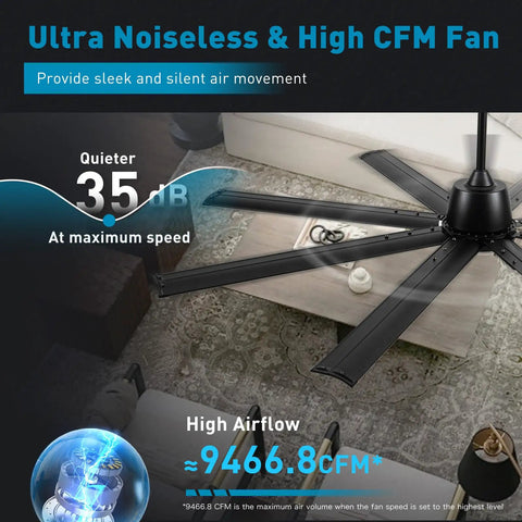 72 Inch Industrial Ceiling Fan With Light And Remote For Indoor Outdoor Use 8 Aluminum Blades 6 Speed Quiet DC Motor Wet Rated For Patio Garage Exterior, shown installed in modern living room, highlighting noiseless operation and high CFM airflow.