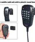 Side and rear view of mobile radio mic with 2 Pack Adhesive Back Radio Microphone Holder Universal Dash Mount Stick On Mic Hook.