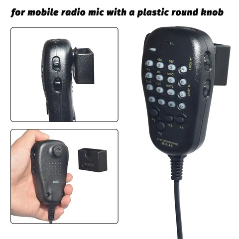 Side and rear view of mobile radio mic with 2 Pack Adhesive Back Radio Microphone Holder Universal Dash Mount Stick On Mic Hook.