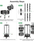 Assembly steps for Large Black 5 Tier Rotating Fruit And Vegetable Storage Cart With Metal Top Lid On Wheels shown in four steps