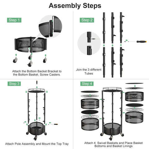 Assembly steps for Large Black 5 Tier Rotating Fruit And Vegetable Storage Cart With Metal Top Lid On Wheels shown in four steps