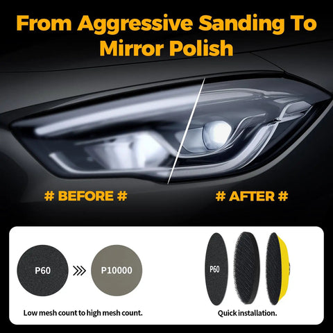 136 Piece Wet And Dry Sanding Disc And Polishing Kit used on headlight showing before and after results