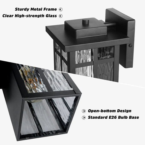 Outdoor Wall Light Fixtures Waterproof Porch Lanterns Dope Matte Black Exterior Sconce Lighting With Anti Rust E26 Sockets For Front Door And Garage 2 Pack, showing metal frame and ripple glass design.