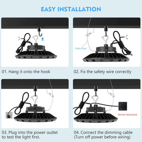 Installation steps for 300W UFO LED High Bay Light With 45000 Lumen Output, 5000K Daylight, 0-10V Dimmable, IP65 Waterproof