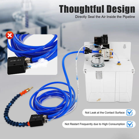Heavy Duty Mist Coolant Lubrication Spray Kit For Precision Metalwork Machining with blue tubing and durable resin tank design.