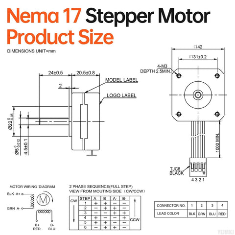 NEMA 17 stepper motor size diagram with front and side views, mounting holes, and 4-lead cable wiring diagram