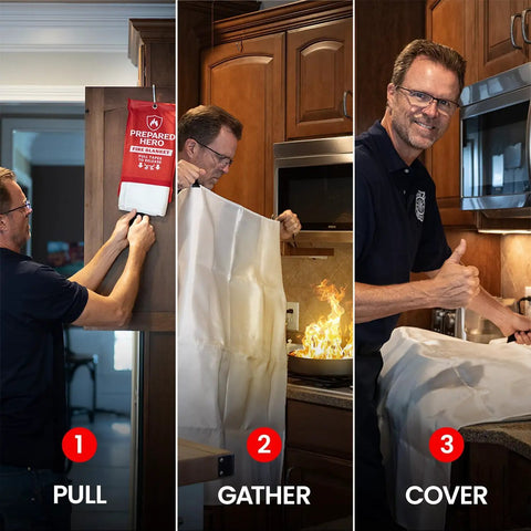 Straight Up Heavy Duty Emergency Fire Blanket For Kitchen And Home Safety No Sweat Flame Control With Quick Deploy Pull Tabs No Mess Cleanup 47 By 71 Inches in use for grease fire control.