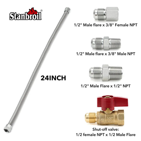 Gas Appliance Hook Up Kit With Brass Ball Valve And 22 Inch Stainless Flexible Connector For Stoves Heaters Fireplaces And Dryers Includes Half Inch Female Flare On Both Ends And Half Inch Female NPT To Half Inch Male Flare And Three Couplings 24 inch version shown.