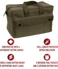 Olive drab canvas mechanic tool bag with 8 interior tool pockets and 2 exterior snap pockets, ideal for contractors and DIY enthusiasts.