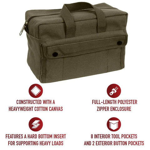 Olive drab canvas mechanic tool bag with 8 interior tool pockets and 2 exterior snap pockets, ideal for contractors and DIY enthusiasts.