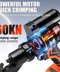 Heavy Duty Electric Battery Lug Crimping Tool With Rechargeable Brushless Motor And Solid 12 Ton Hydraulic Force Paired With Nine Precision Dies close-up showing powerful motor and crimping mechanism.