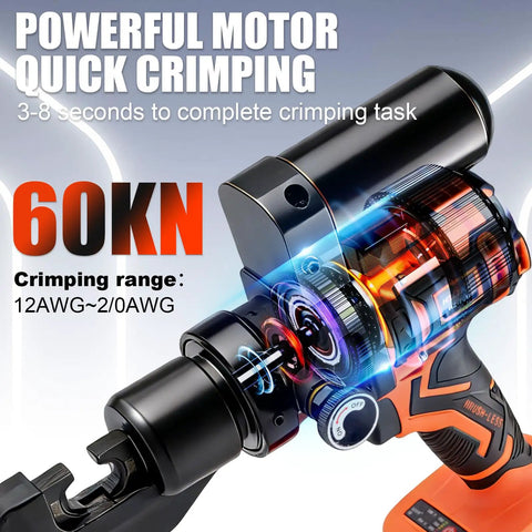 Heavy Duty Electric Battery Lug Crimping Tool With Rechargeable Brushless Motor And Solid 12 Ton Hydraulic Force Paired With Nine Precision Dies close-up showing powerful motor and crimping mechanism.