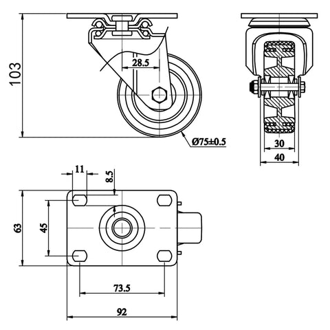 Built Like A Tank Three Inch Swivel Caster Wheels Set Of Four Heavy Duty Polyurethane Treads engineering drawing with dimensions.