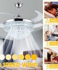 Crystal Ceiling Fan With Light 42 Inch Fandelier Retractable Blades Remote Control Six Speeds Stepless Dimmable Glam Chandelier Fan